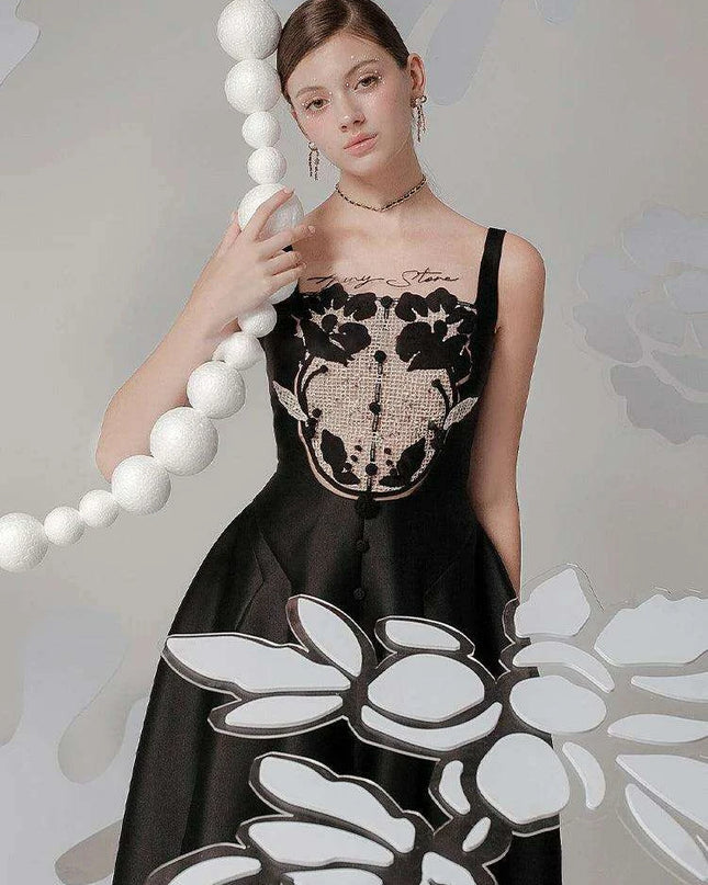 Satin Embroidered Pleated Evening Dress