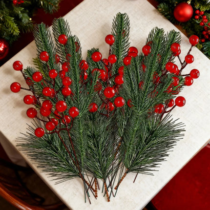 Practical Home Products 60-Piece Faux Pine Branches & Holly Berries Se