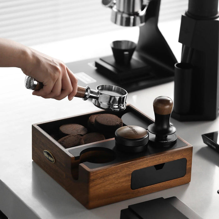 Espresso Knock Box Organizer with Integrated Tamping Station Mat - Essential Storage for Baristas
