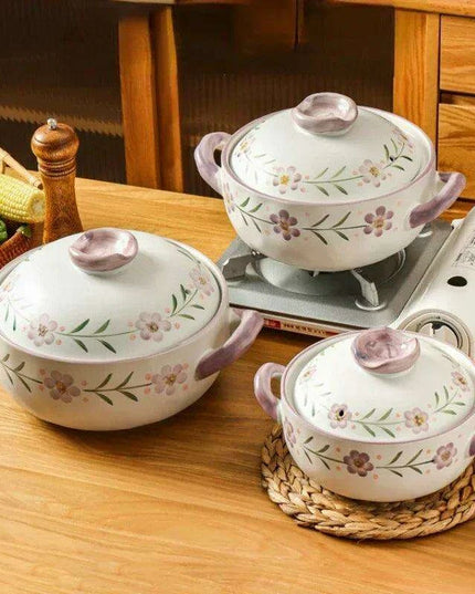 Elegant Japanese Taro Clay Casserole with Purple Floral Design for Gas Cooking: Experience Authentic High-Heat Culinary Traditions