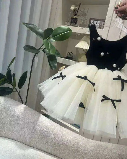 Adorable Summer Black Patchwork Mesh Bow Dress for Baby Girls, Princess Party Attire for Ages 1-5T