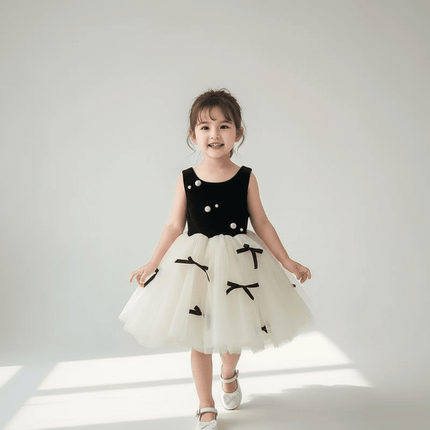 Adorable Summer Black Patchwork Mesh Bow Dress for Baby Girls, Princess Party Attire for Ages 1-5T