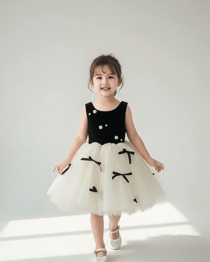 Adorable Summer Black Patchwork Mesh Bow Dress for Baby Girls, Princess Party Attire for Ages 1-5T