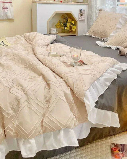 Korean Lace Premium Washed Cotton Summer Quilt Set – Four-Piece Elegance