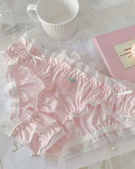 Adorable Kawaii Strawberry Satin Briefs with Ruffle Flounces for Women