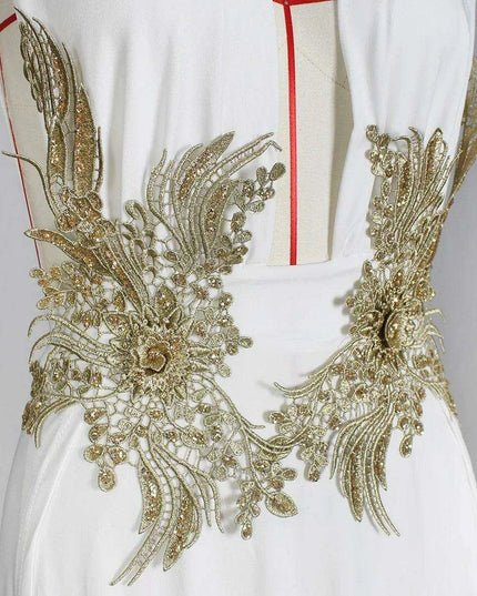 Chic Deep V-Neck Gold Embroidered Maxi Dress for Summer Evenings