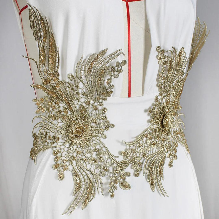 Chic Deep V-Neck Gold Embroidered Maxi Dress for Summer Evenings