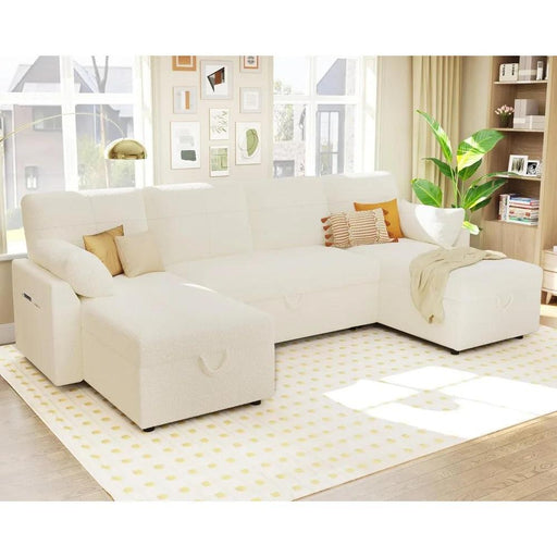 Elegant 110" Grey Linen Sofa Bed with Dual Chaise Storage Solutions