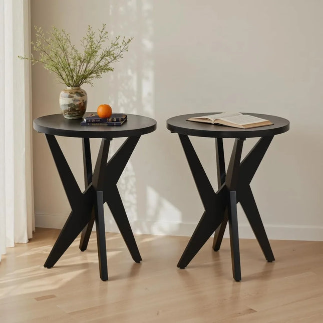 Modern Round End Table, Set of 2 | Tung Wood Veneer Top | Crossed Legs