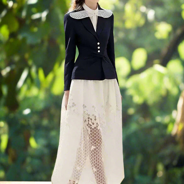 Sleeveless Blazer with Lace Long Skirt and Elegant Hollow Out Details