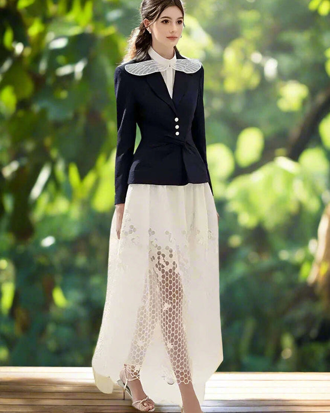 Sleeveless Blazer with Lace Long Skirt and Elegant Hollow Out Details