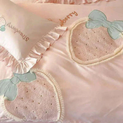 Charming Pink 1000TC Egyptian Cotton Strawberry Embroidery Bedding Set with Duvet Cover, Bed Sheet, and Pillowcases - Available in 4/5 Piece Variants
