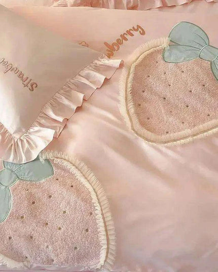 Charming Pink 1000TC Egyptian Cotton Strawberry Embroidery Bedding Set with Duvet Cover, Bed Sheet, and Pillowcases - Available in 4/5 Piece Variants