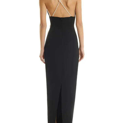 Elegant Contrast Pearl Slip Dress with 3D Floral Back Split for Women's Summer Evening Events - 2024 Collection