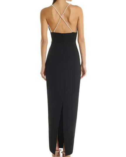 Elegant Contrast Pearl Slip Dress with 3D Floral Back Split for Women's Summer Evening Events - 2024 Collection