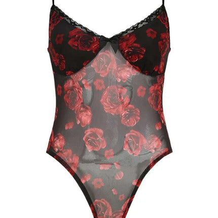 Floral Lace Backless Mesh Bodysuit with Spaghetti Straps and Bow Detail for Women