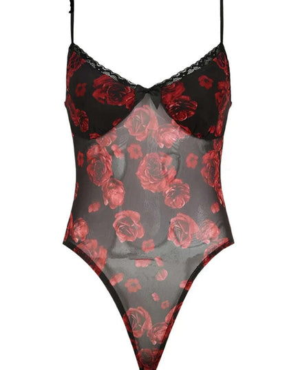 Floral Lace Backless Mesh Bodysuit with Spaghetti Straps and Bow Detail for Women