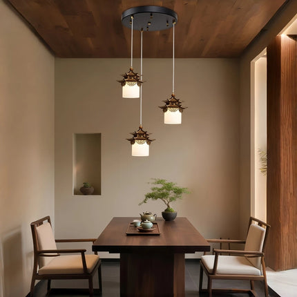 Solid Wood & Glass LED Pendant Light — Oriental Design, E27, Tri-Color