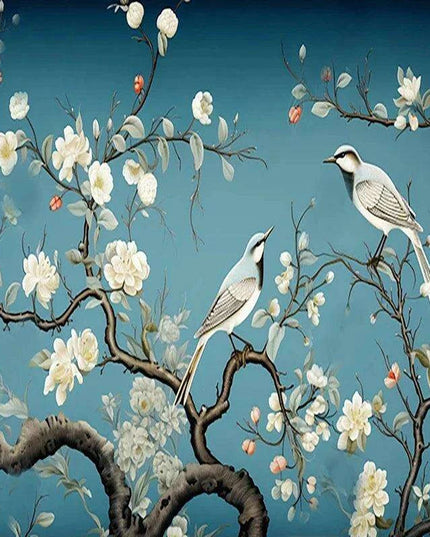 Elegant Hand-Painted Asian Mural Wallpaper Featuring Birds and Blossoms - Customizable Home Decor Art