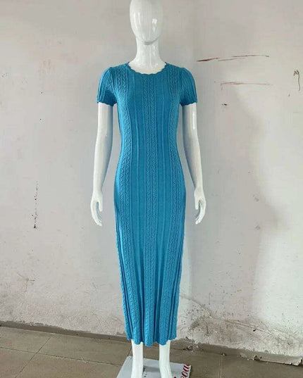 Women's Rabbit Wool Knit Maxi Dress with Short Sleeves and High Waist O Neck Design