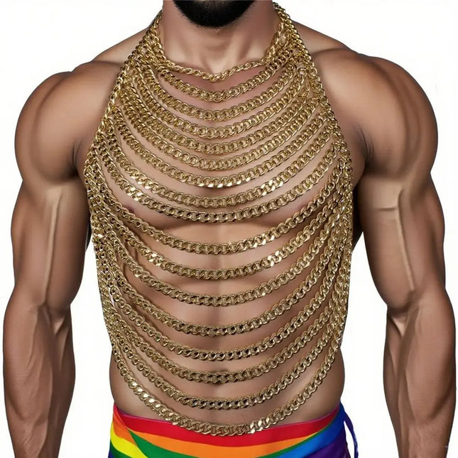 Men's Gold Metal Chain Halter Body Chain — Lace-Up Backless Design