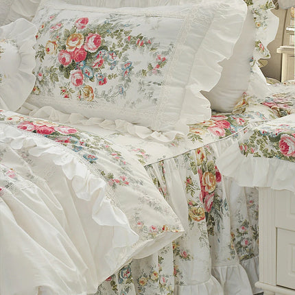 Shop211891 Luxury White Princess Bedding Set, 100% Cotton, Floral Ruff