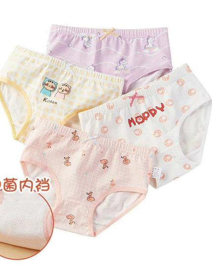 4 pcs Girls' Cotton Briefs Collection - Soft, Breathable & Playful Patterns for Kids