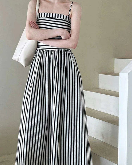 Elegant Black Striped Pleated Sleeveless Long Strap Dress for Women - Spring/Summer 2024 Fashion