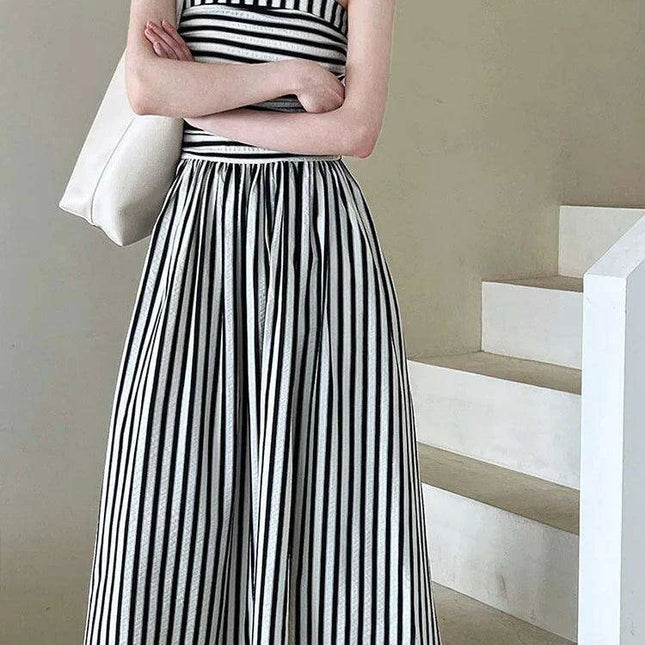 Elegant Black Striped Pleated Sleeveless Long Strap Dress for Women - Spring/Summer 2024 Fashion