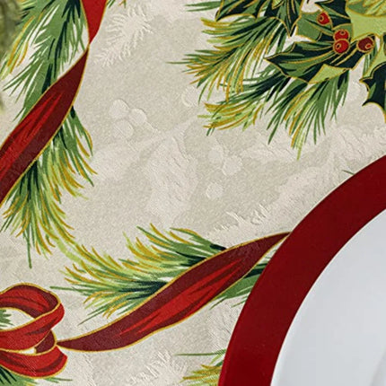 Christmas Ribbons Printed Tablecloth — 70" Round Festive Table Cover