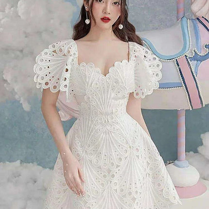 DEAT Elegant Hollow Embroidered High-Waisted Solid Color Summer Dress for Women - 2024 Party Edition 13DB4842