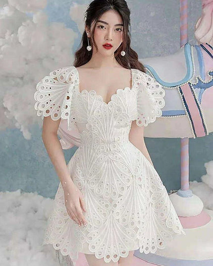 DEAT Elegant Hollow Embroidered High-Waisted Solid Color Summer Dress for Women - 2024 Party Edition 13DB4842