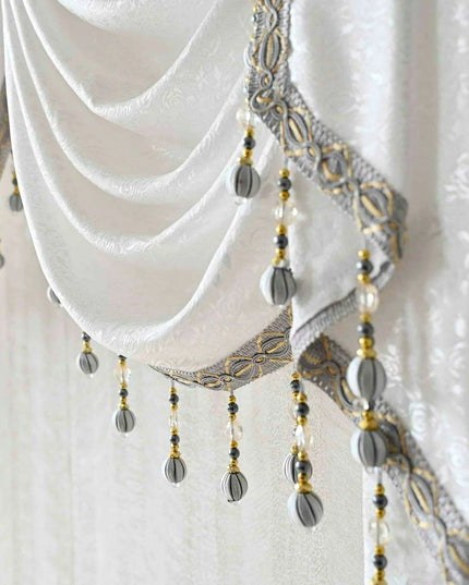 Sophisticated Gray Beaded Waterfall Swag Valance - Luxurious Rod Pocket Curtain Treatment