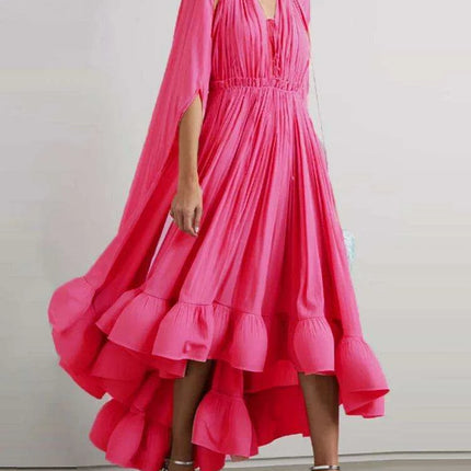 Stylish High Waist Patchwork A-Line Dress for Women - Chic V-Neck, Sleeveless, and Unique Irregular Hem