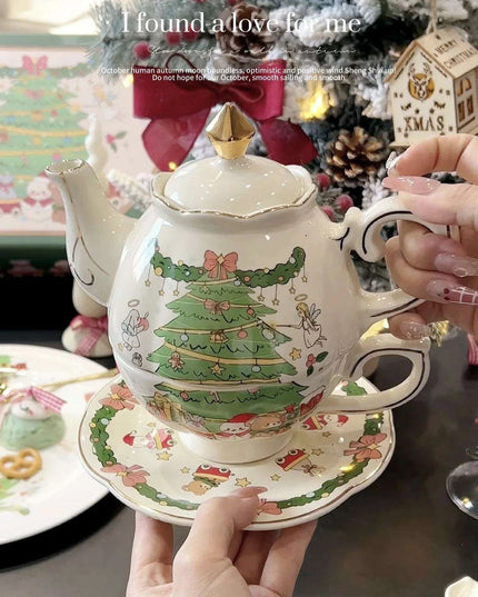 Hand-Drawn Retro Christmas Tea Set with Elegant Gift Box