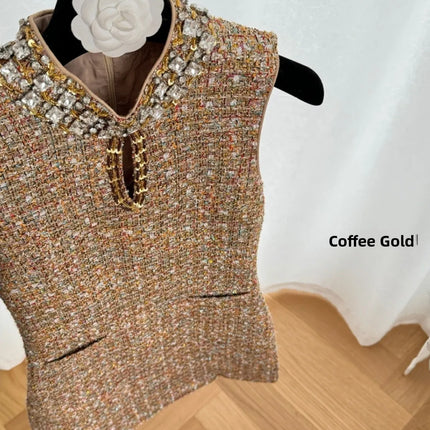 Women’s Diamond-Embellished Tweed A-Line Dress — High Waist, Round Neck, Korean Style