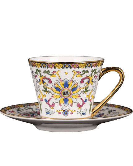 Imperial Elegance Enamel Porcelain Tea and Coffee Cup Set with Ornate Borders