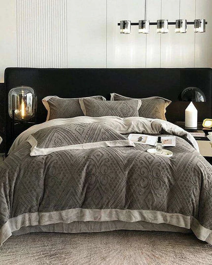 Opulent Grey Velvet Fleece Bedding Set with Luxurious 3D Embossed Duvet Cover and Pillowcases