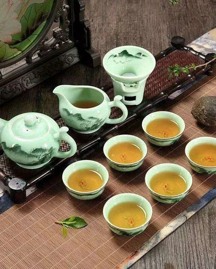 Lotus Landscape Longquan Celadon Kung Fu Tea Set - Exquisite 9-Piece Gift Collection for Tea Enthusiasts