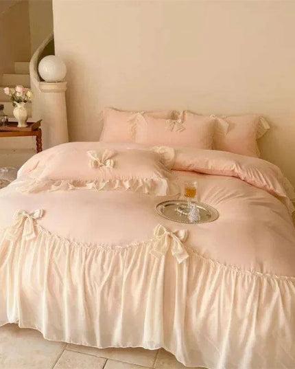 Elegant French Lace Ruffled Duvet Cover Set - Luxurious Bedding Ensemble with Bow Accents, Soft Sheets and Pillowcases