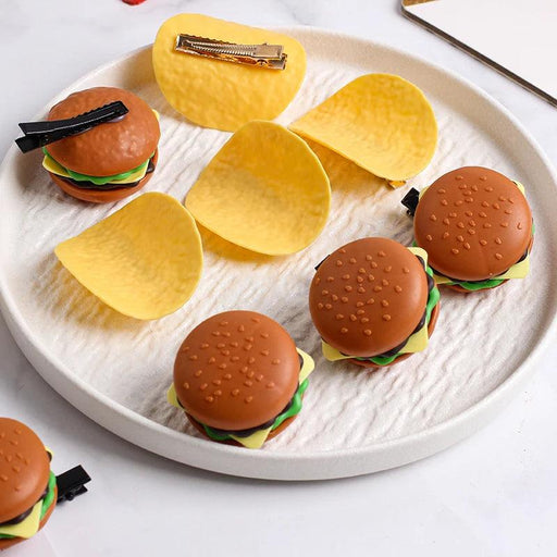 5-Piece Fun Food-Themed DIY Hairpins Set - Cute Hamburger, Chips & Cookie Designs for Kids