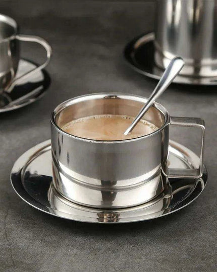 Sophisticated 304 Stainless Steel Coffee Mug Set with Saucer and Spoon