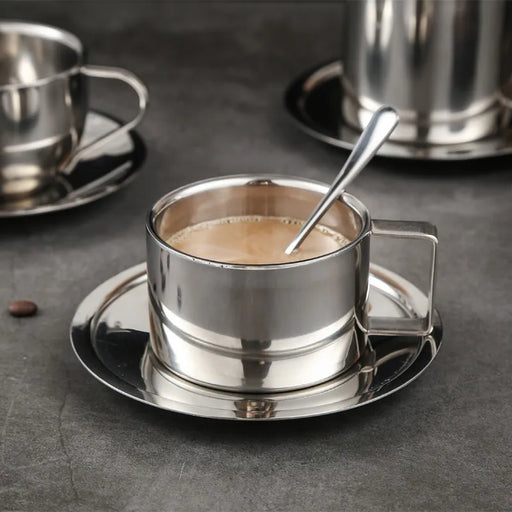 Elegant 304 Stainless Steel Coffee Cup Set with Spoon and Saucer