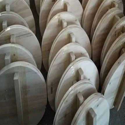 Artisan-Made Rustic Wooden Lid with Iron Handle for Cookware