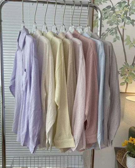 Loose-Fitting Women's Pleated Long-Sleeve Shirt with Pockets - Versatile Solid Color Sunscreen Top