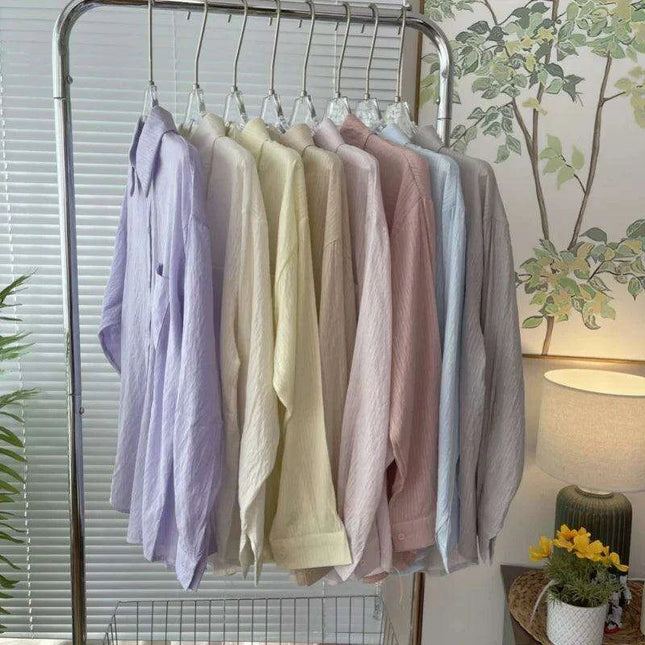 Loose-Fitting Women's Pleated Long-Sleeve Shirt with Pockets - Versatile Solid Color Sunscreen Top