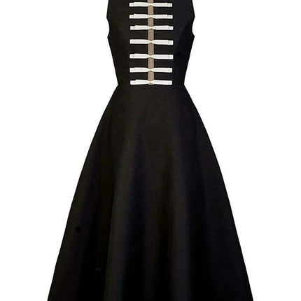 Elegant Sleeveless Women's Party Dress with Bow Accent and Cut-Out Waist - Solid Color Summer Fashion 2024