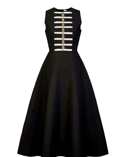 Elegant Sleeveless Women's Party Dress with Bow Accent and Cut-Out Waist - Solid Color Summer Fashion 2024