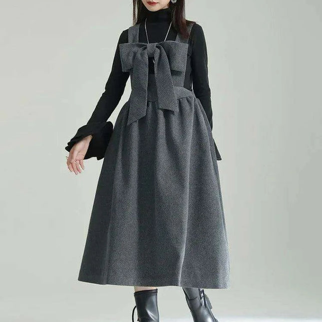 Sleeveless Gray Woolen Dress for Women with Bow Detail