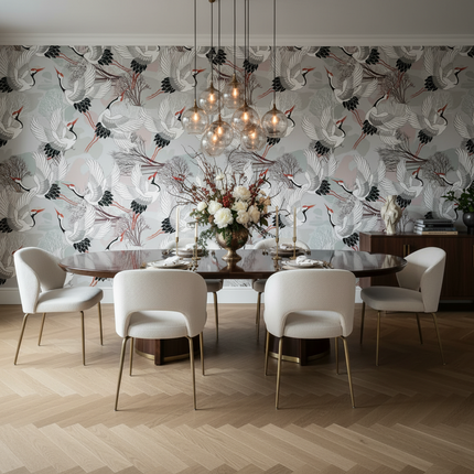 Plum Blossom & Crane Mural Wallpaper — Custom Size, 5 Finishes, Asian Art Style